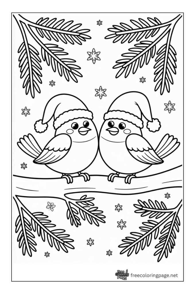 coloring page of christmas birds sitting on tree