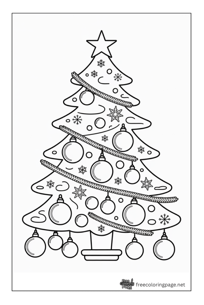 coloring page of christmas tree and light bulbs