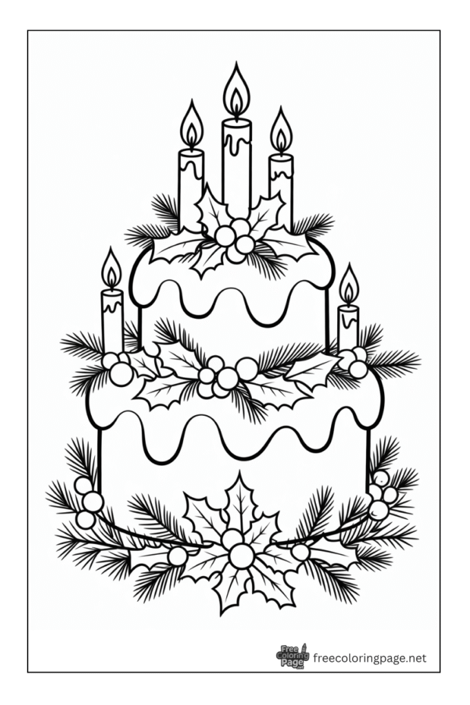 coloring page of christmas cake with candles