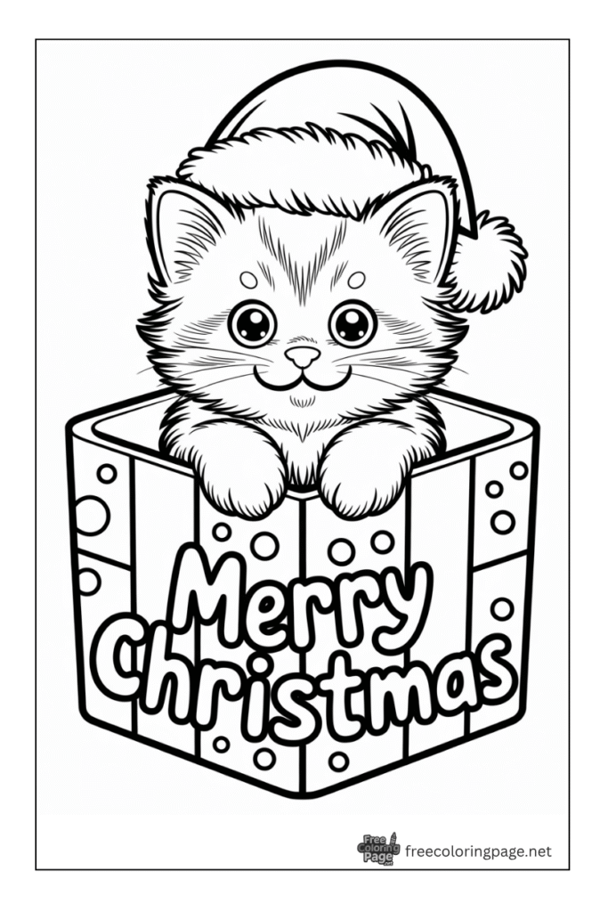 coloring page of cat celebrating christmas