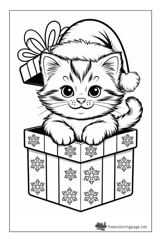 coloring page of cat with christmas hat