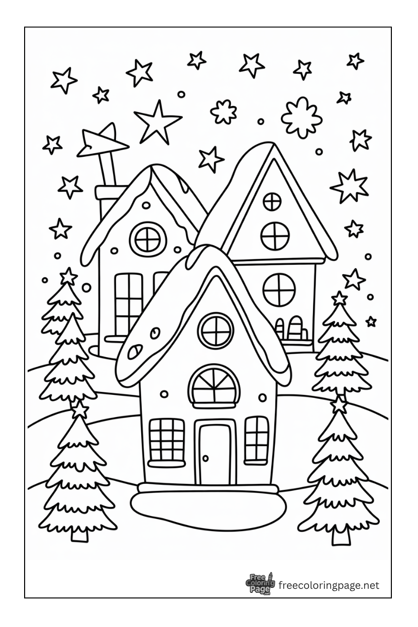 coloring page of christmas trees stars and houses