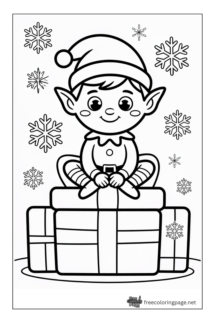 coloring page of elf sitting on christmas gifts