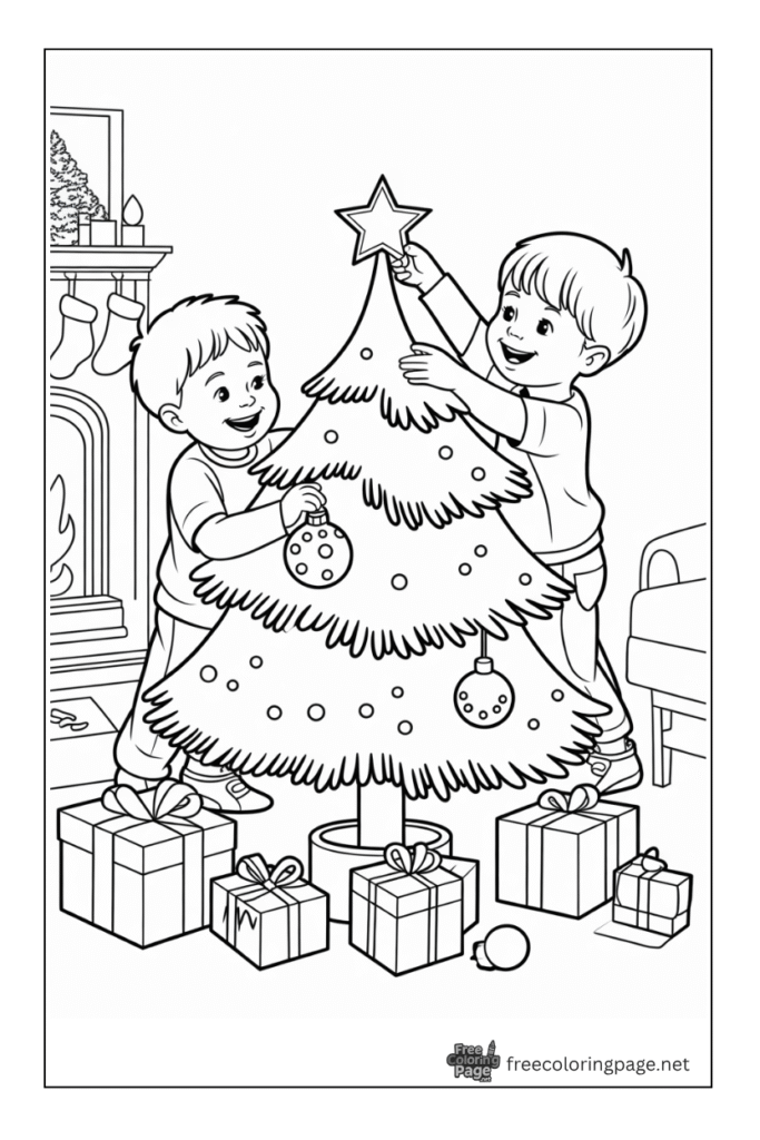 coloring page of christmas tree and gifts and kids