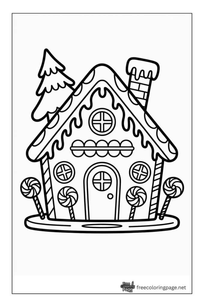 coloring page of christmas tree with gingerbread house