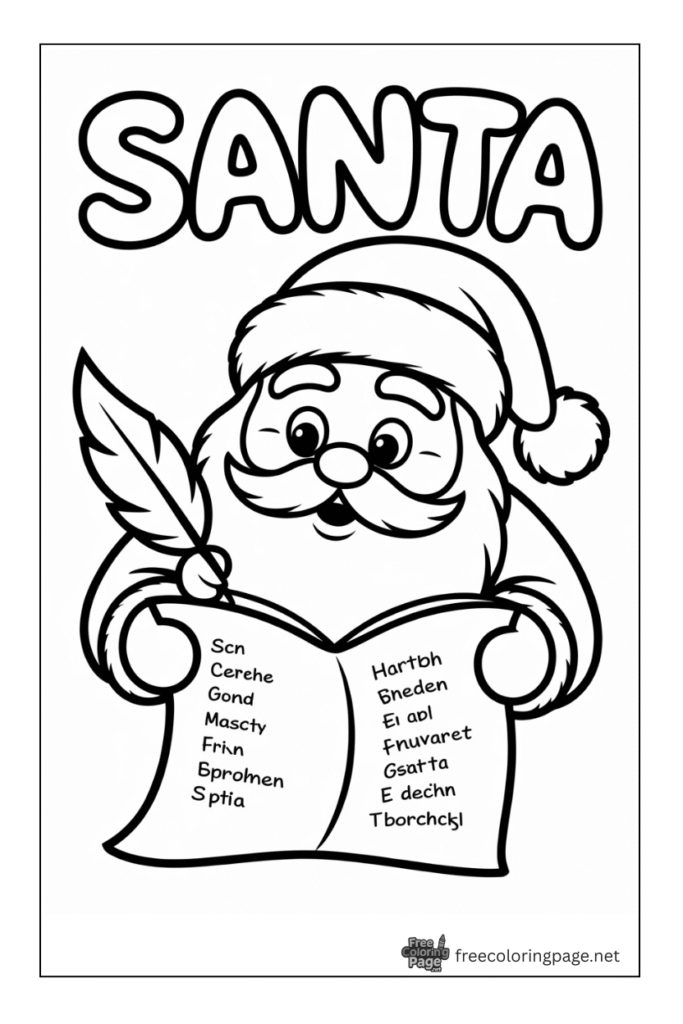 coloring page of christmas santa writing name list
