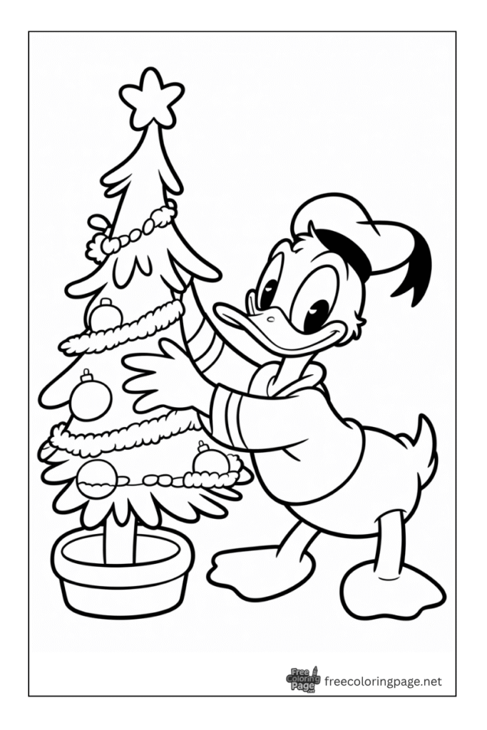 coloring page of donald duck with christmas tree