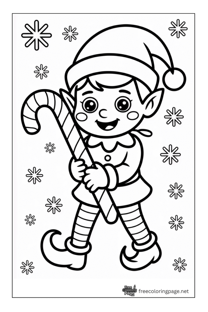 coloring page of christmas elf in snowfall