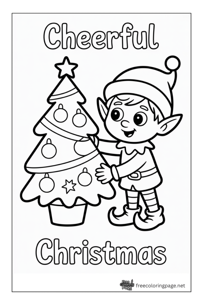 coloring page of elf decorating christmas tree