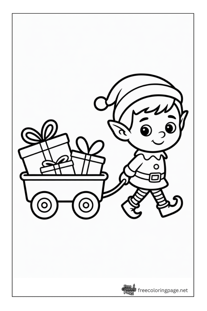 coloring page of christmas elf carrying the gifts