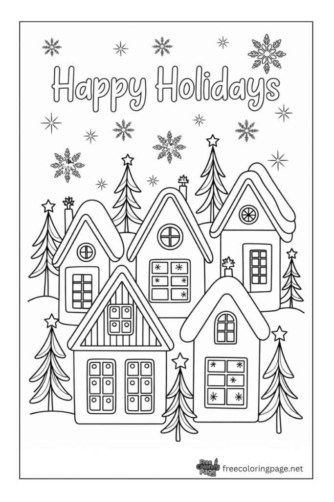 coloring page of christmas houses holidays