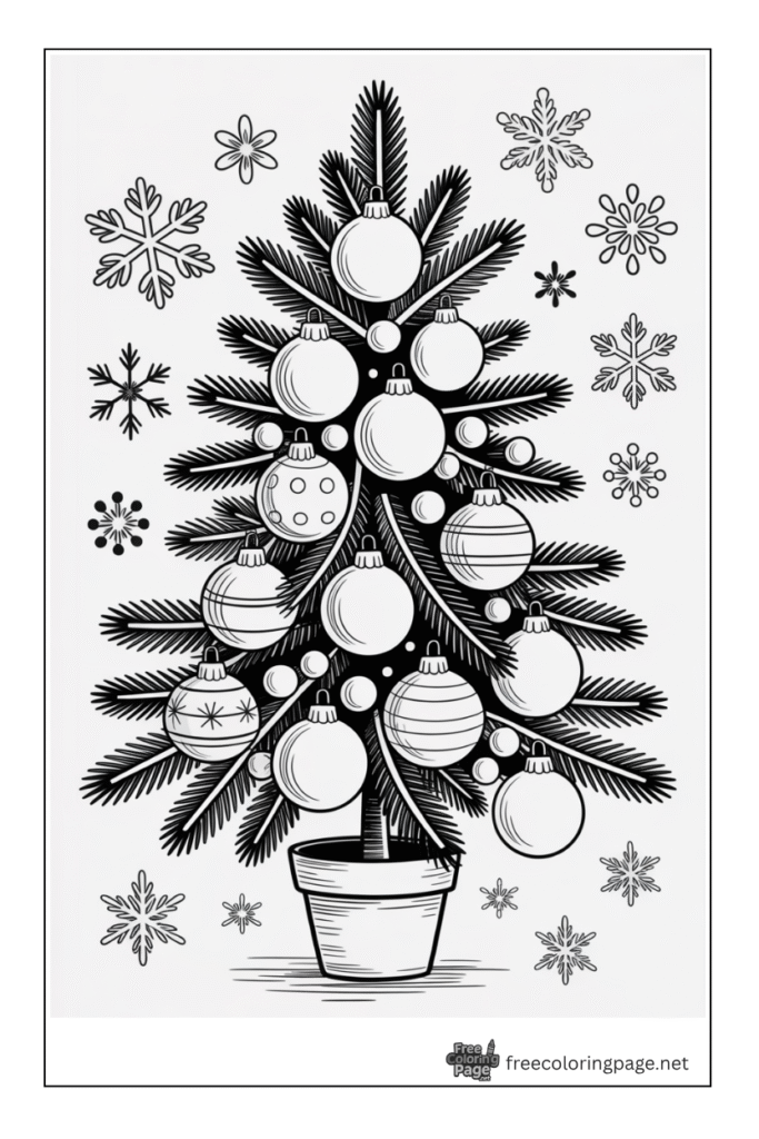 coloring page of christmas bulbs on christmas tree