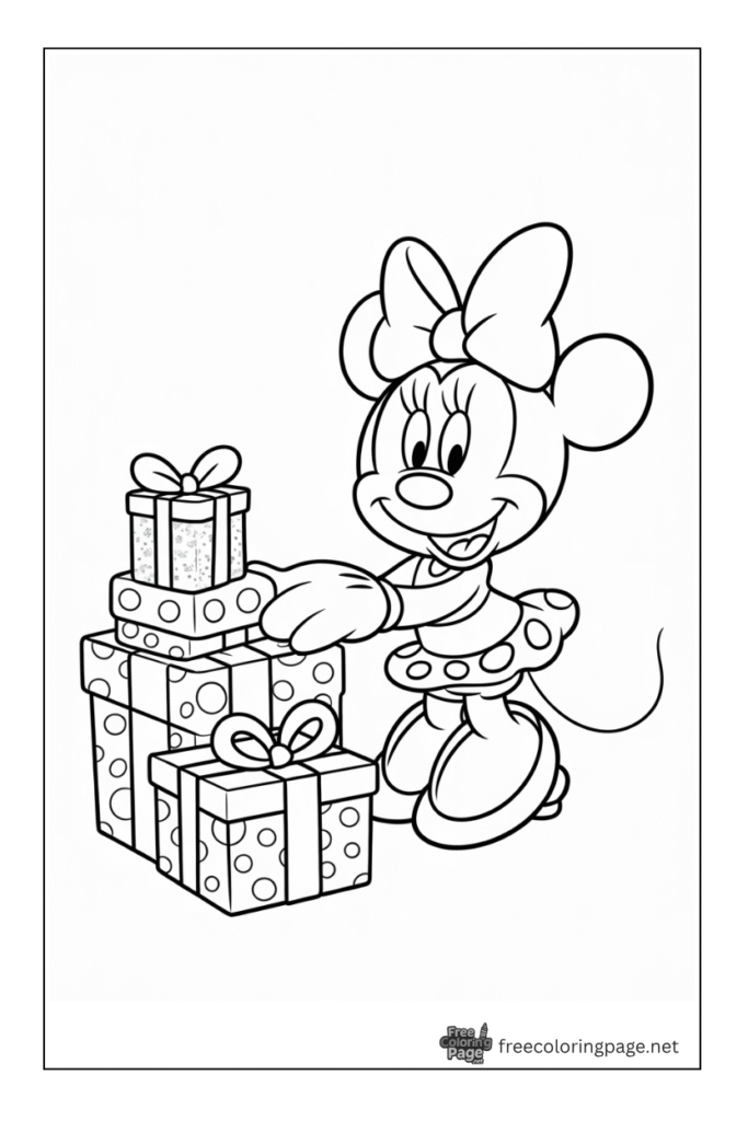 coloring page of minnie mouse with christmas gifts