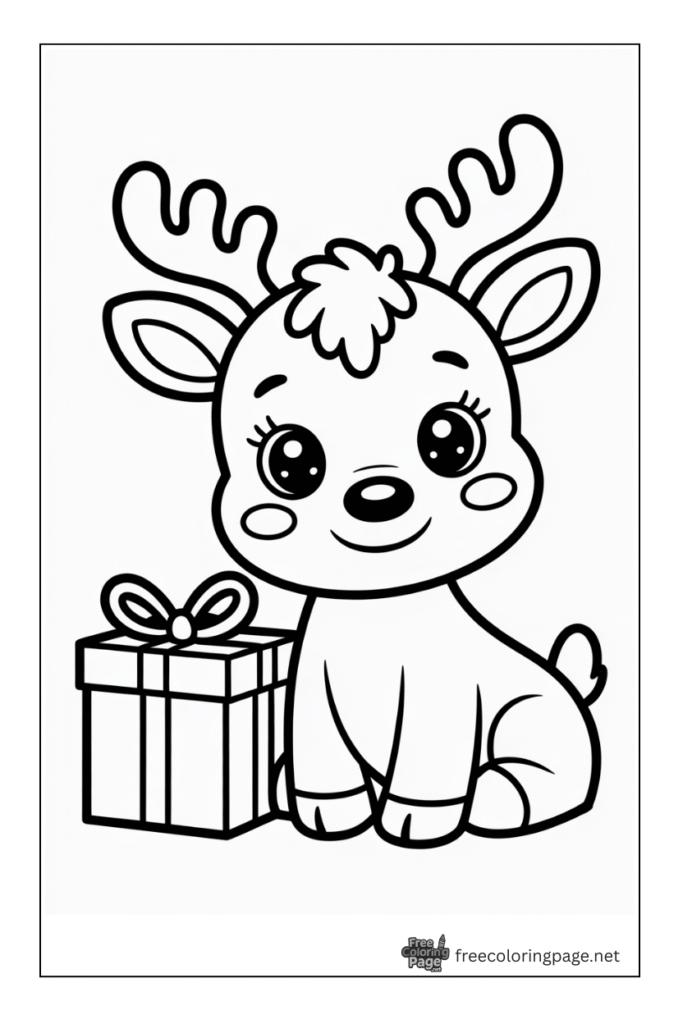 coloring page of baby reindeer with christmas gift