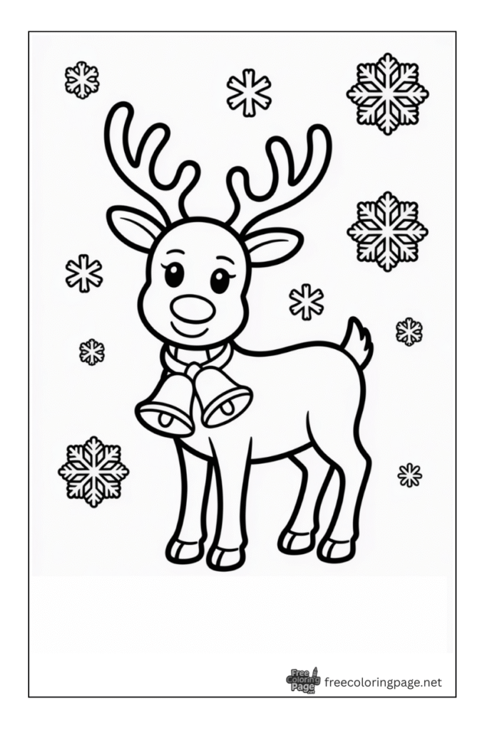 coloring page of reindeer wearing christmas bell