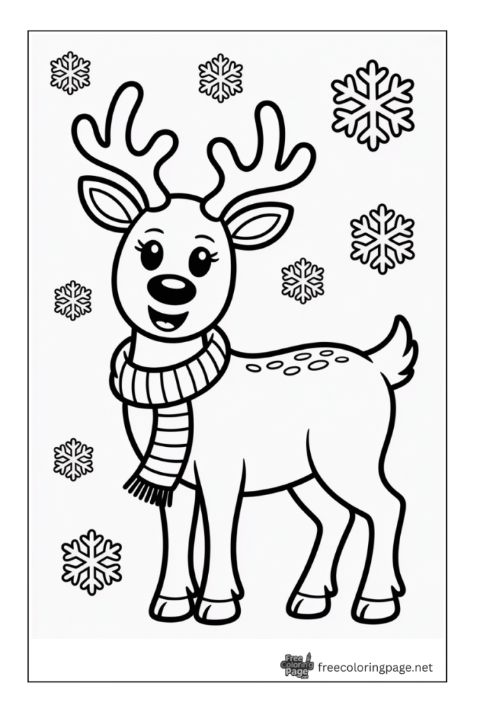 coloring page of christmas reindeer standing in snow flakes