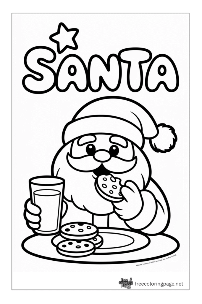 coloring page of santa claus eating cookies