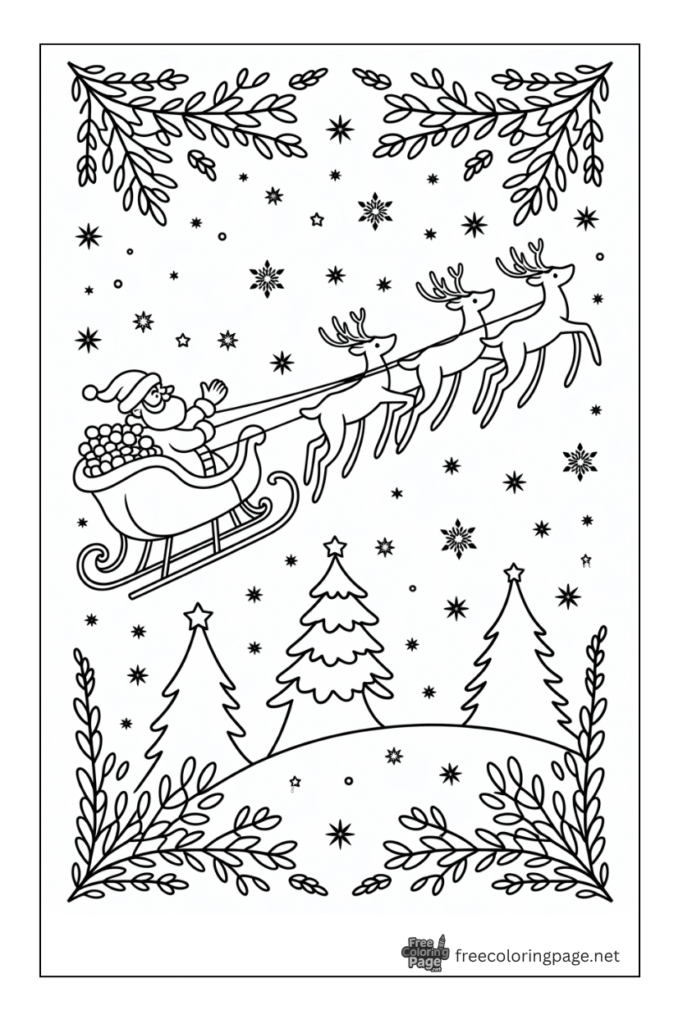 coloring page of christmas sleigh on snow