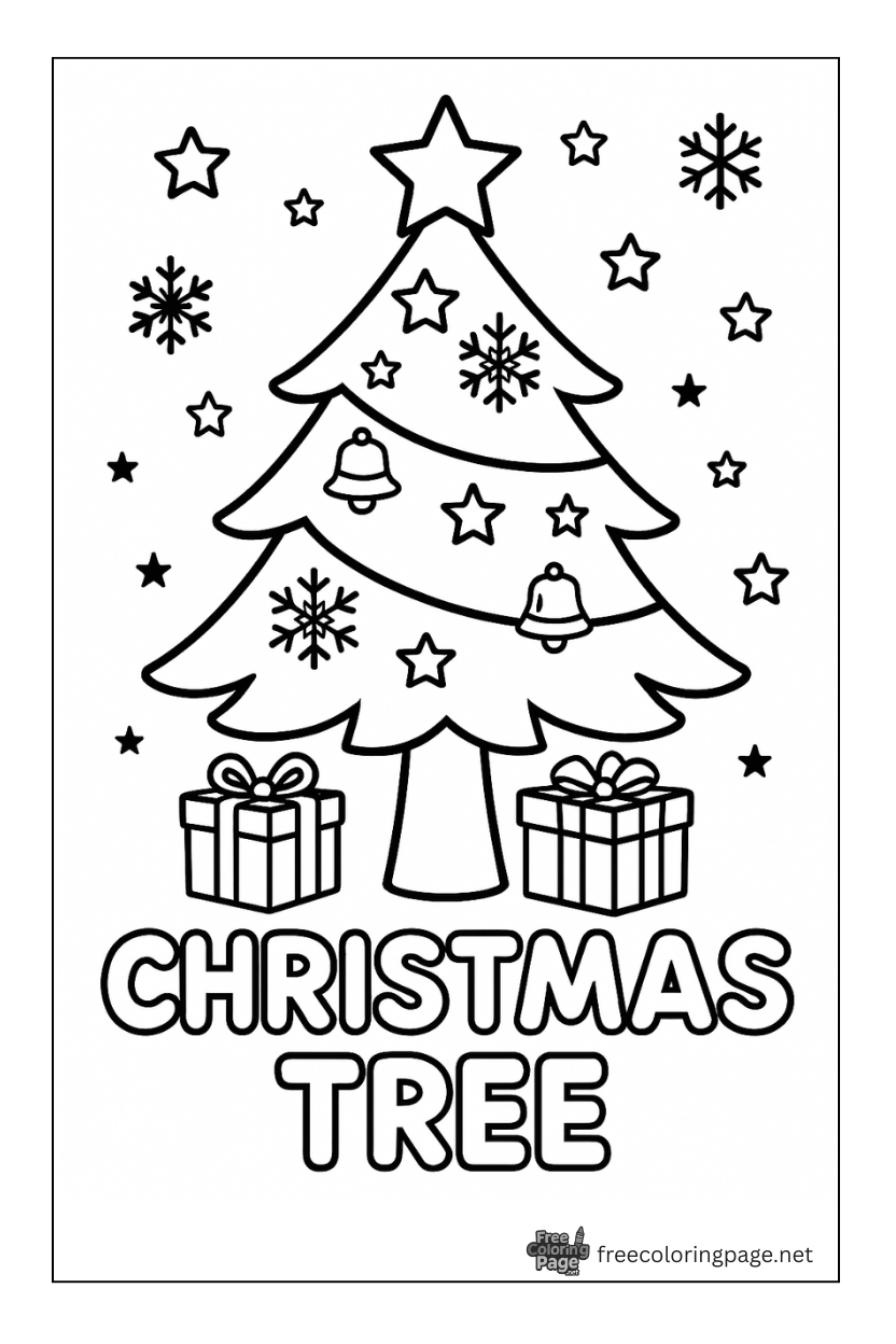 coloring page of christmas tree with snow flakes