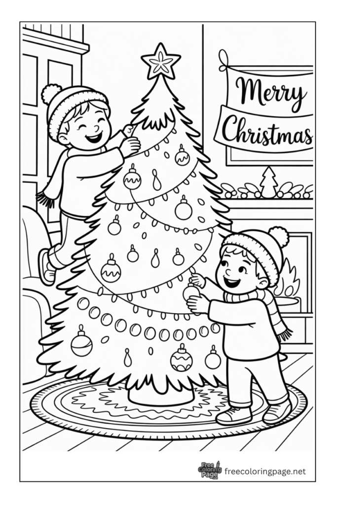 coloring page of christmas tree with kids