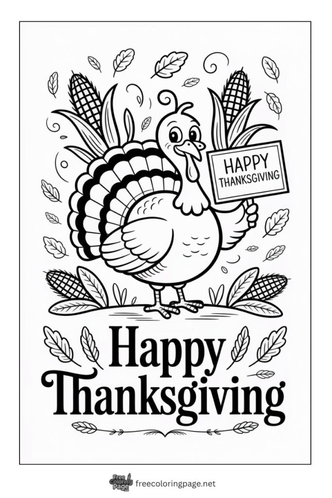 coloring page of happy thanksgiving by turkey