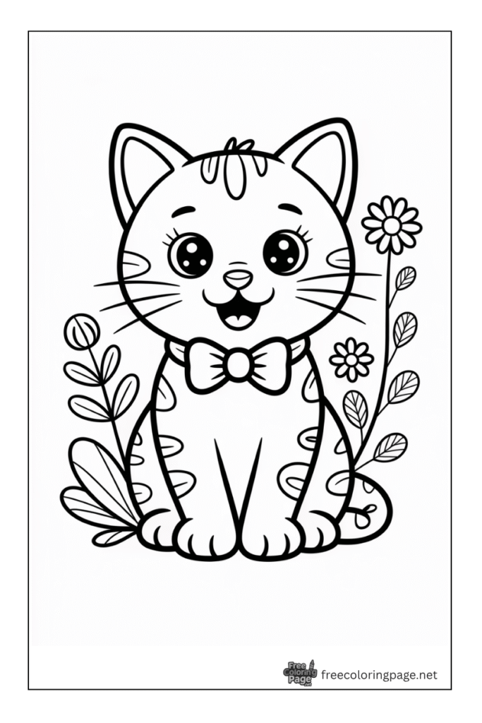 Coloring page of cat sitting with flowers