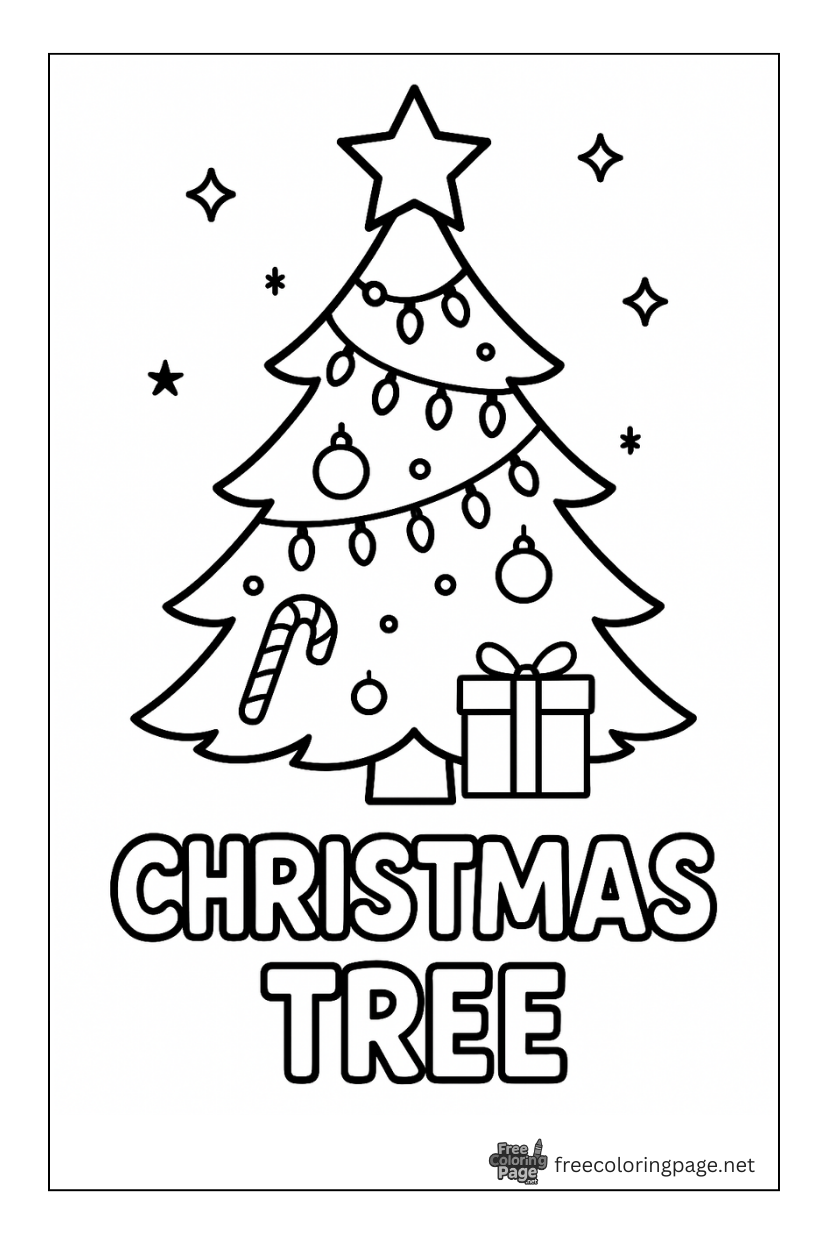 coloring page of christmas tree with lights and gift