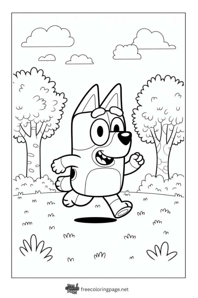 coloring page of bluey running in park