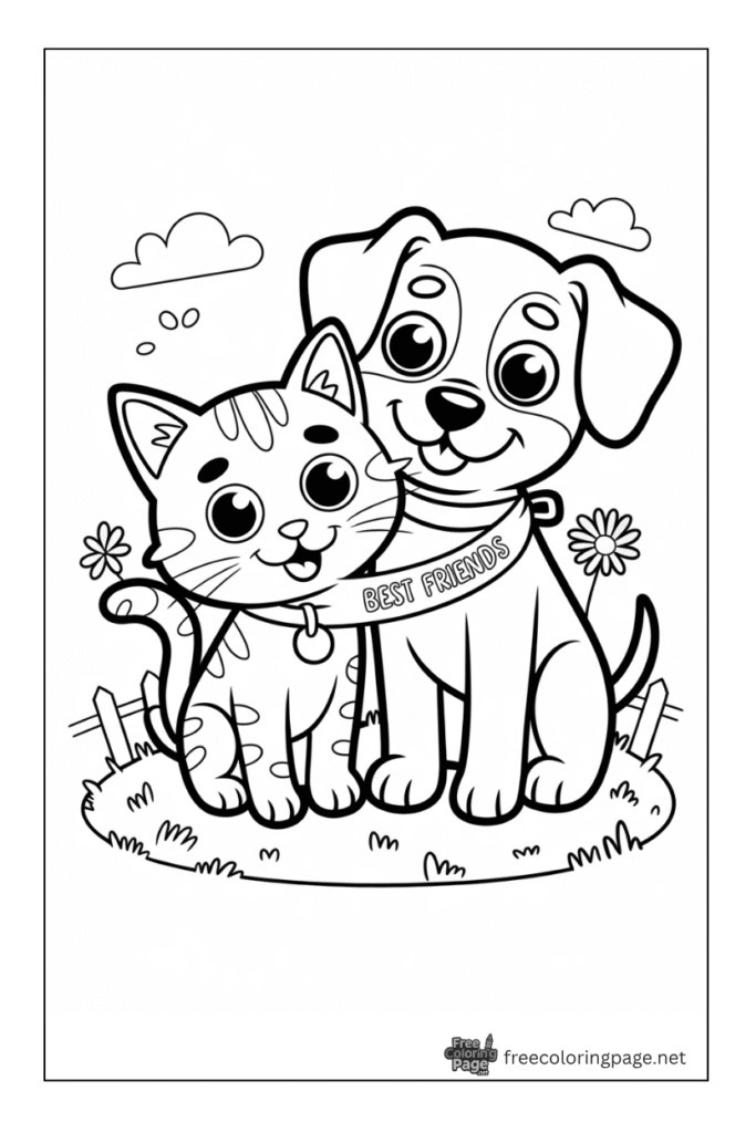 coloring page of cat and dog best friends sitting together