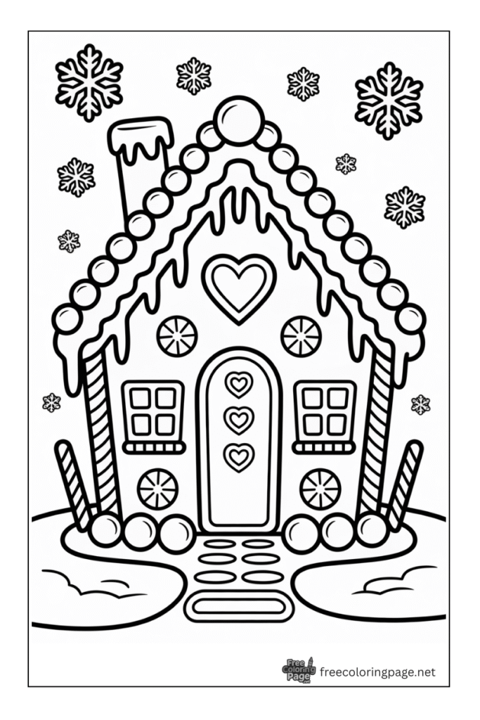 coloring page of christmas house in snowfall