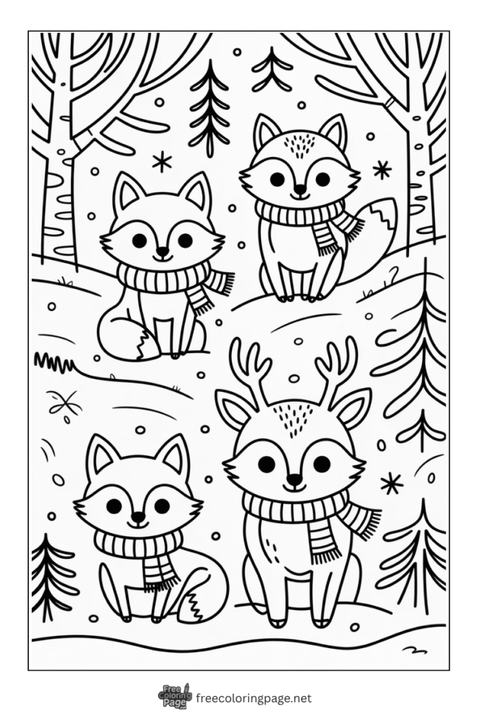 coloring page of winter fox deer