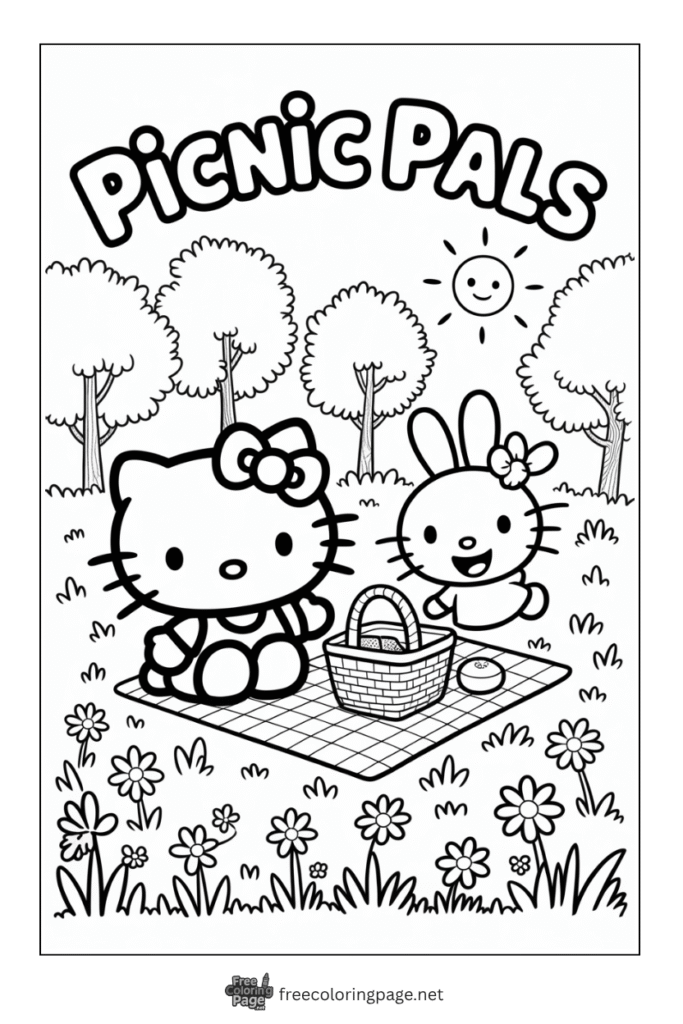 coloring page of hello kitty sitting in garden