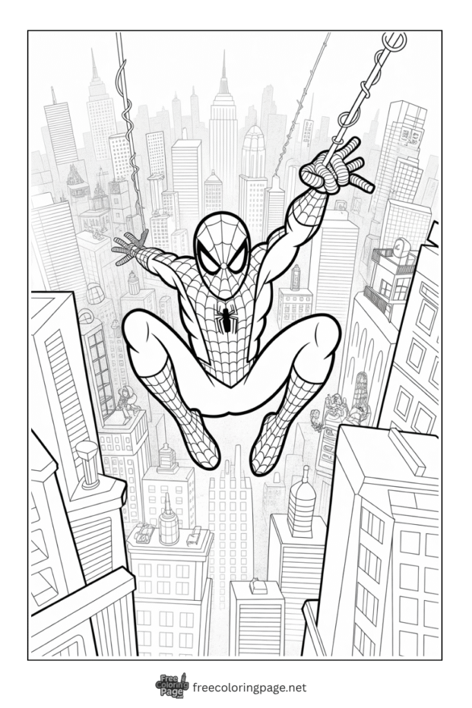 coloring page of spiderman jumping on a building