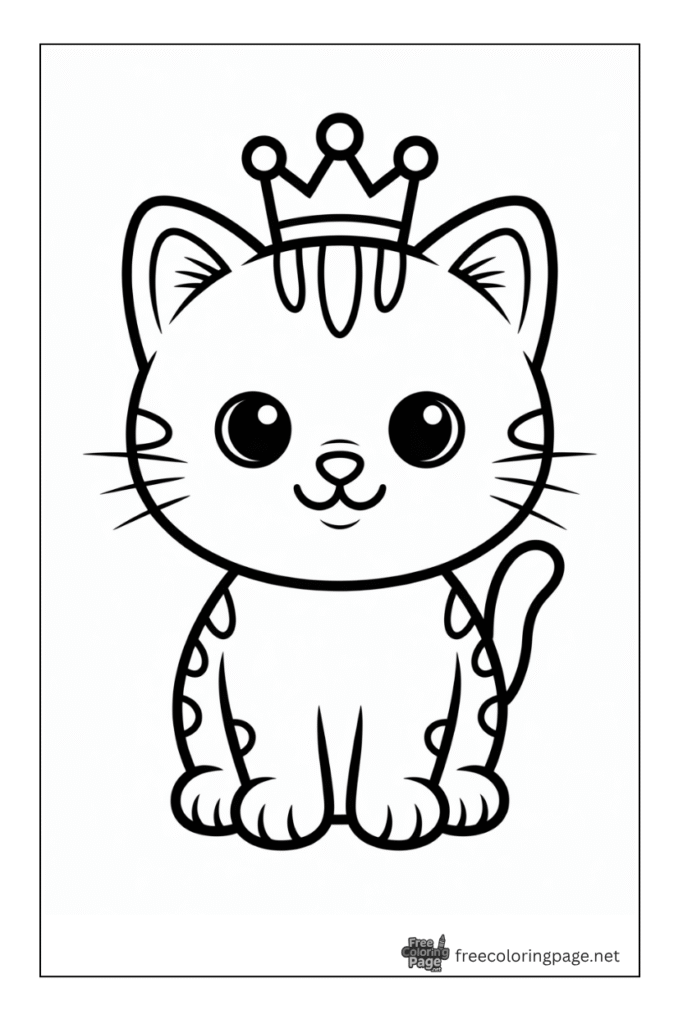 Coloring page of cute cat wearing king throne