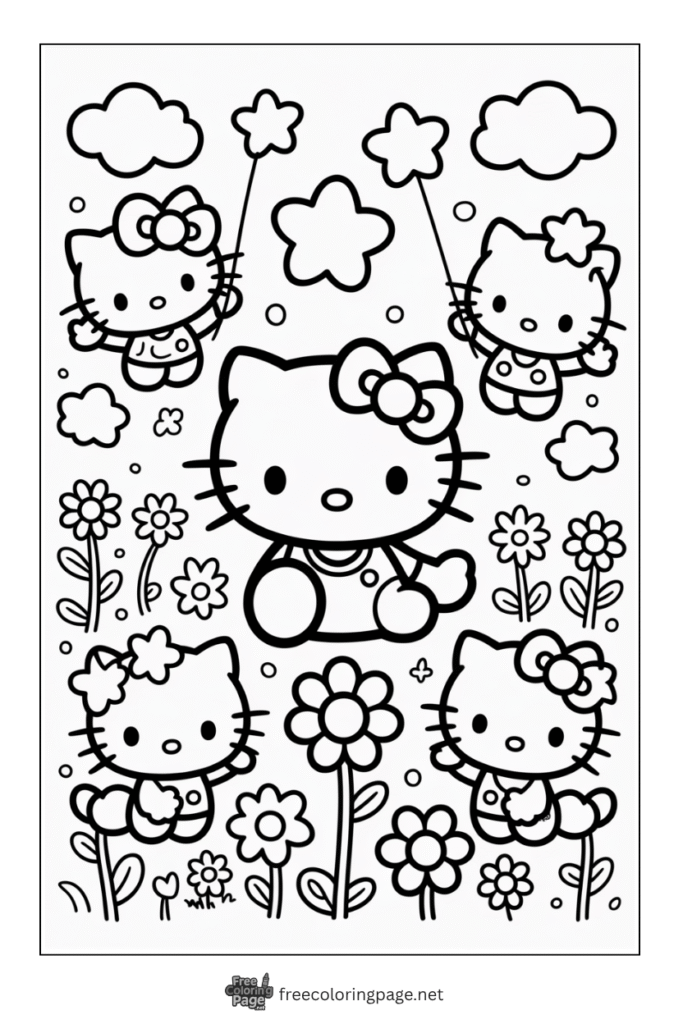 coloring page of hello kitty decorative background