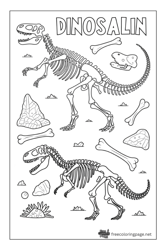 coloring page of dinosaur skeleton and bones