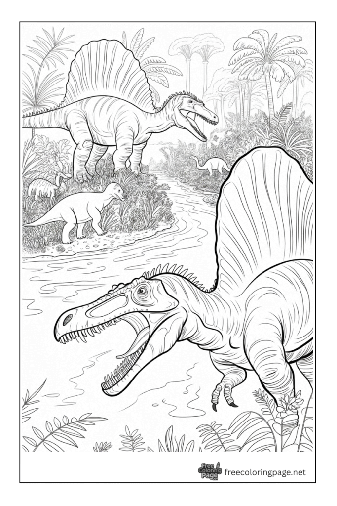coloring page of dinosaur spinosaurus together in jungle