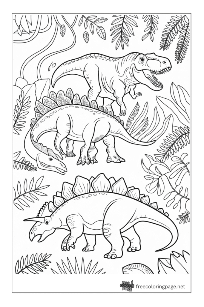 coloring page of  dinosaur living together in a jungle