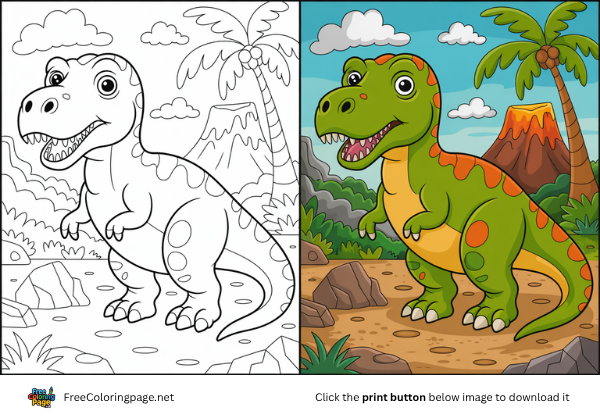dinosaur coloring pages colored on right and drawing on left
