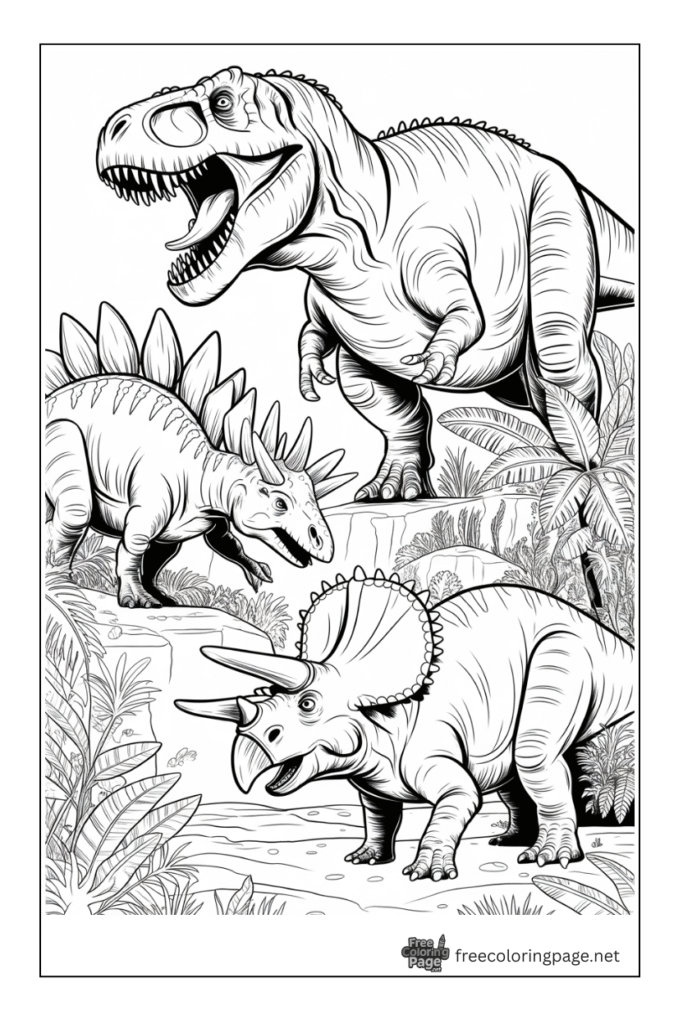 coloring page of dinosaur different species in jungle