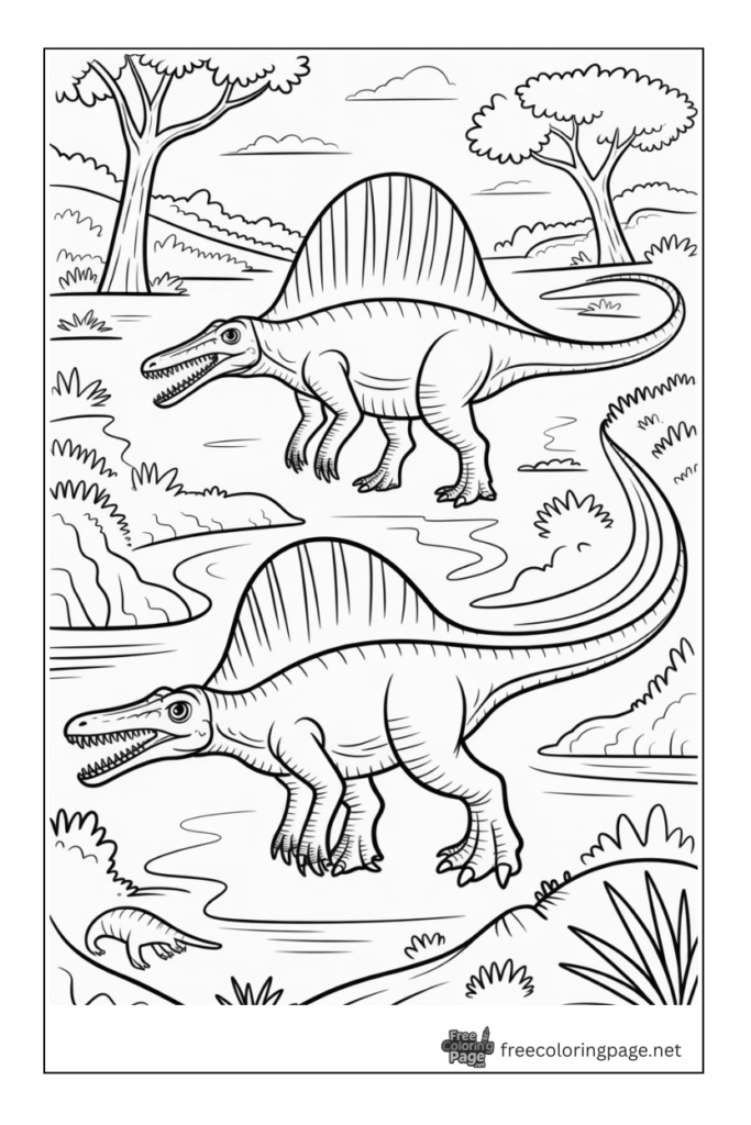 coloring page of dinosaur spinosaurus in a jungle