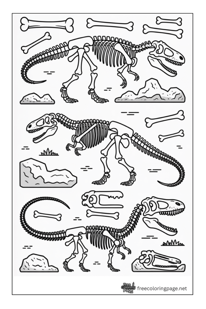 coloring page of dinosaur skeleton and bones