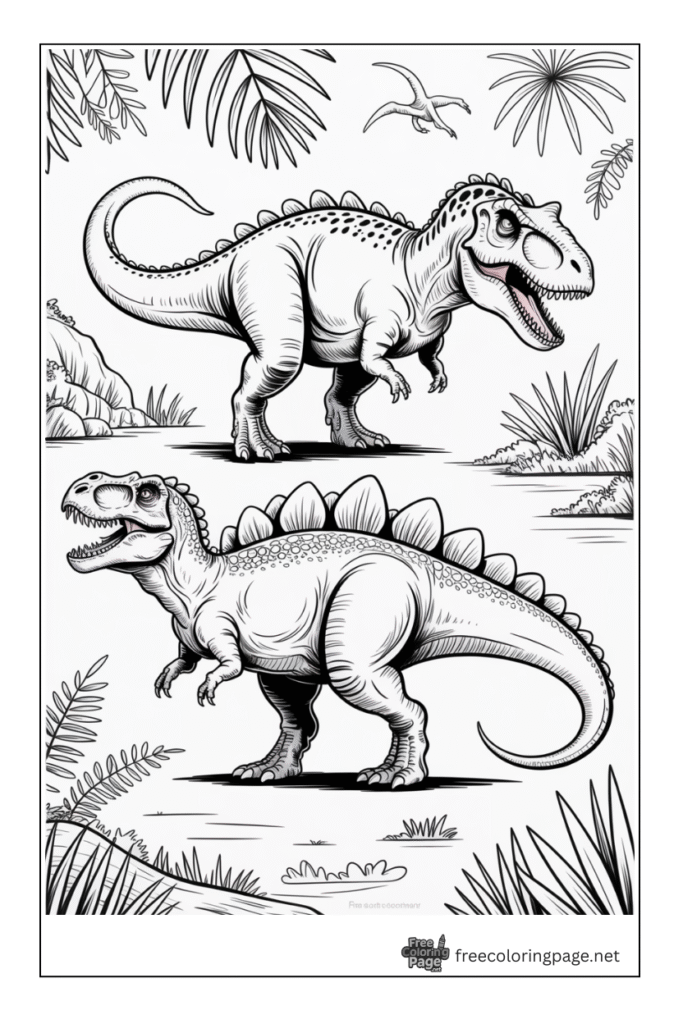 coloring page of dinosaur in a jungle