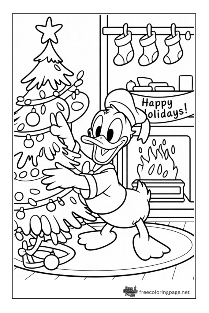 coloring page of donald duck decorating christmas tree