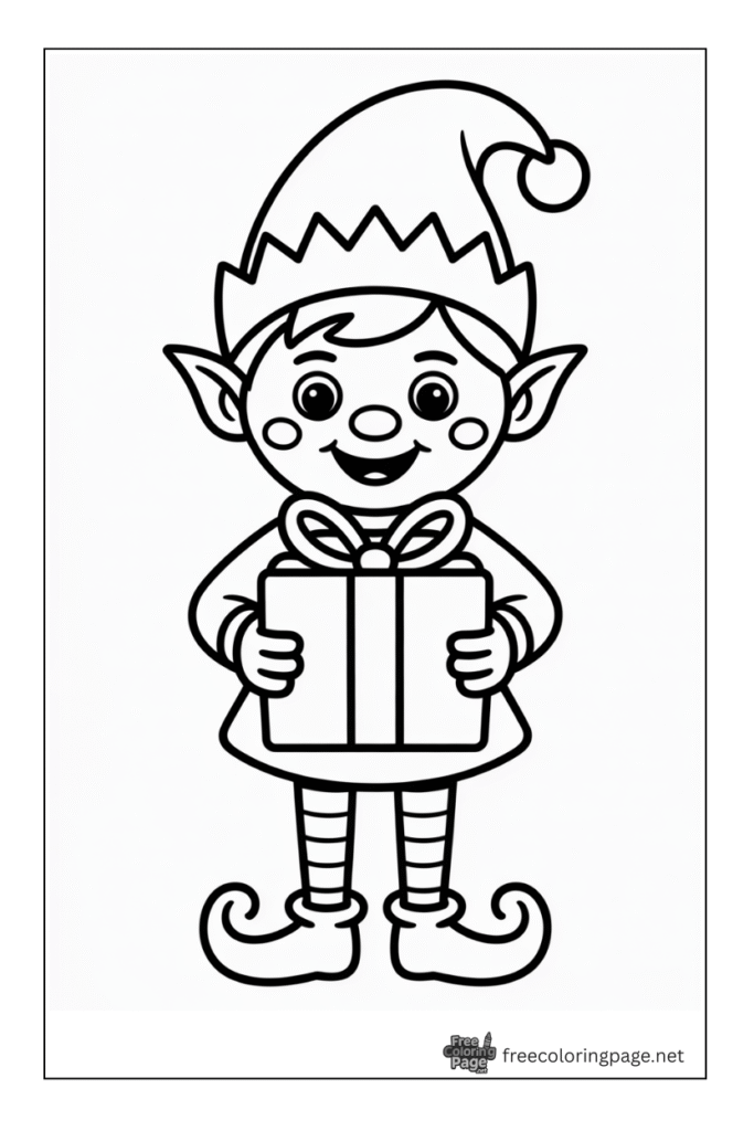 coloring page of christmas elf holding gift