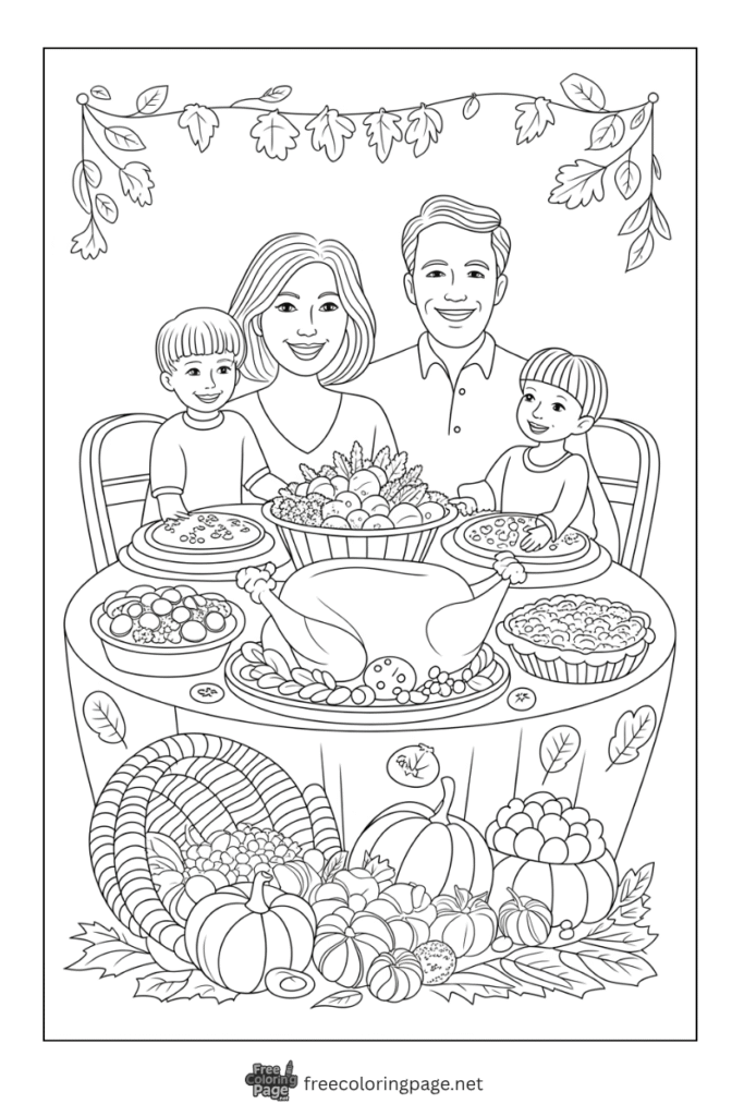 coloring page of thanksgiving family dinner