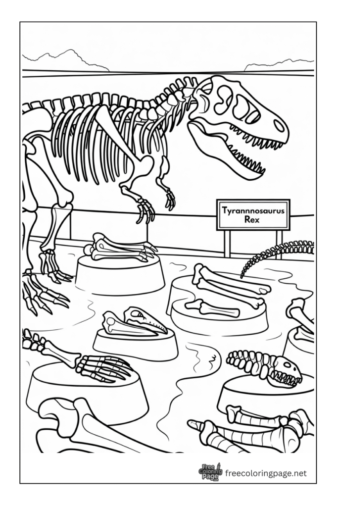 coloring page of dinosaur seperate bones and skeleton