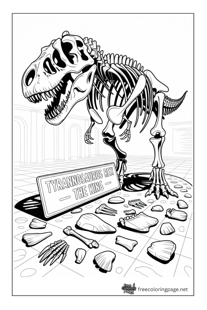 coloring page of dinosaur bones with skeleton structure