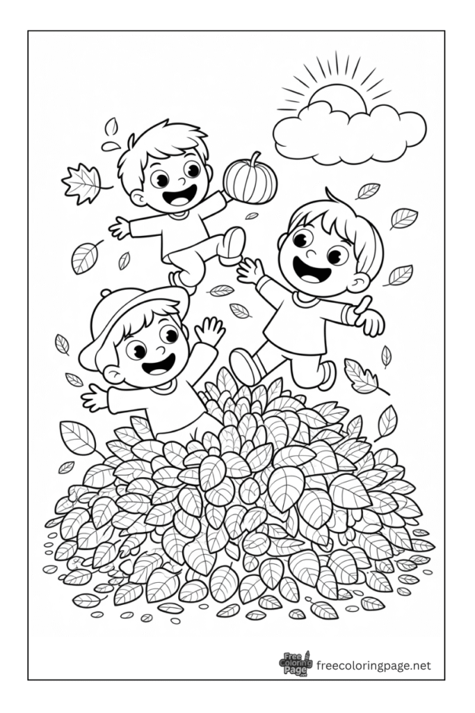 coloring page of kids playing with autumn leaves