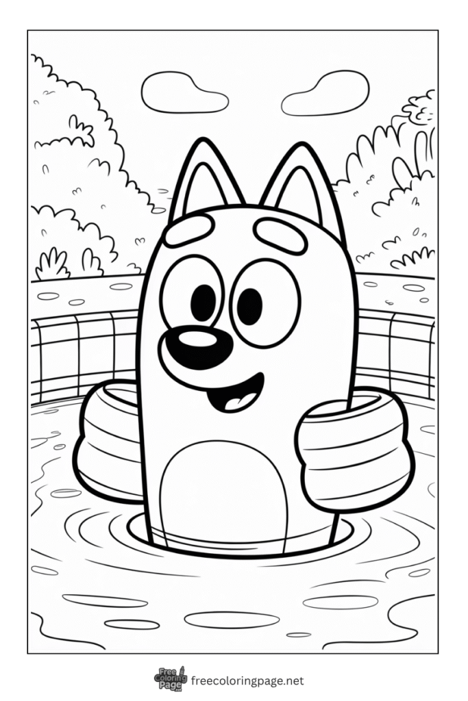 coloring page of bluey swimming